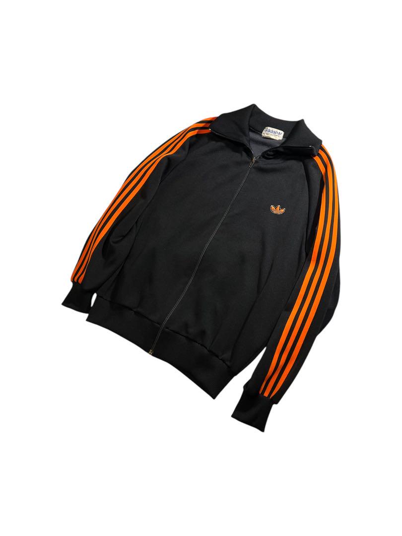 【希少】80s adidas トラックジャケット デサント製 4号 黒 オレンジ