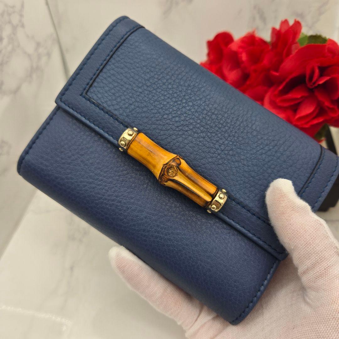 【極美品】 GUCCI グッチ 折り財布 財布 バンブー ブルー 青 レザー 【極美品】 GUCCI グッチ 折り財布 財布 バンブー ブルー 青 レザー