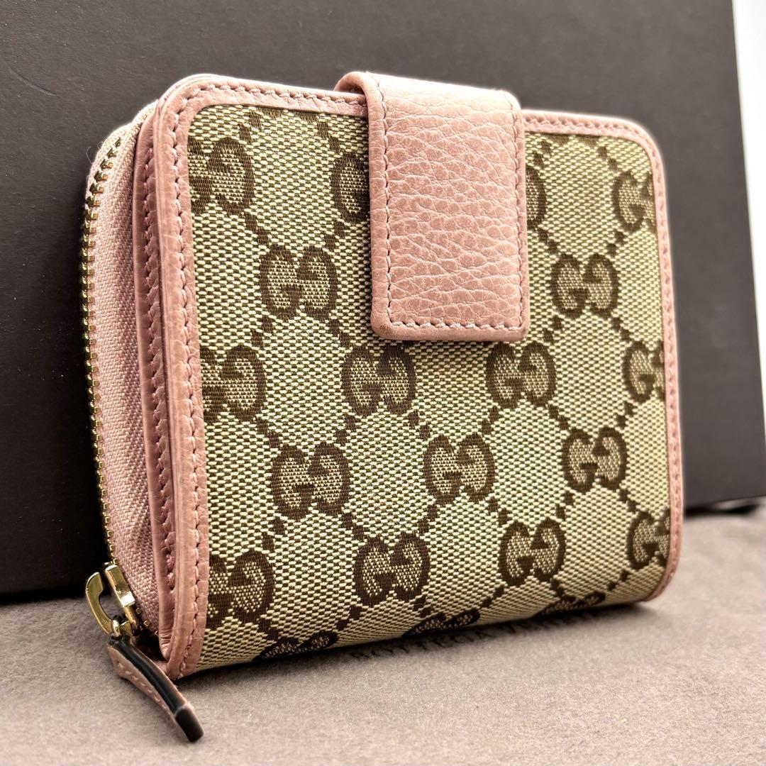 ｍ64　Gucci　グッチ　二つ折り財布　ピンク　キャンバス