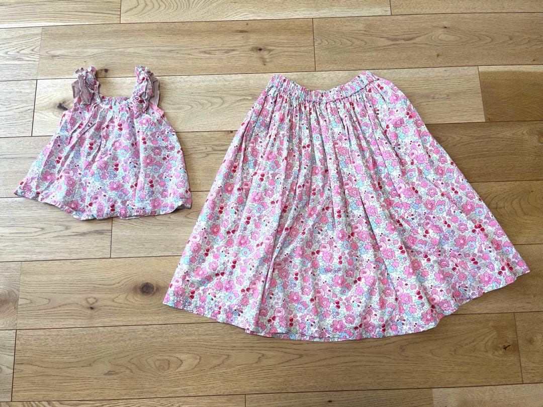 リンクコーデ　リバティ　フリルキッズトップス90センチ　大人スカートセットS M 5,740円