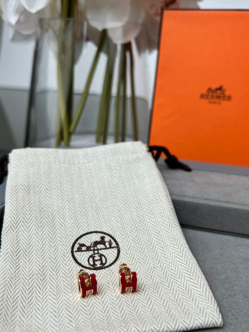 HERMES レッド ローズゴールド Hロゴ Mini POP イヤリング