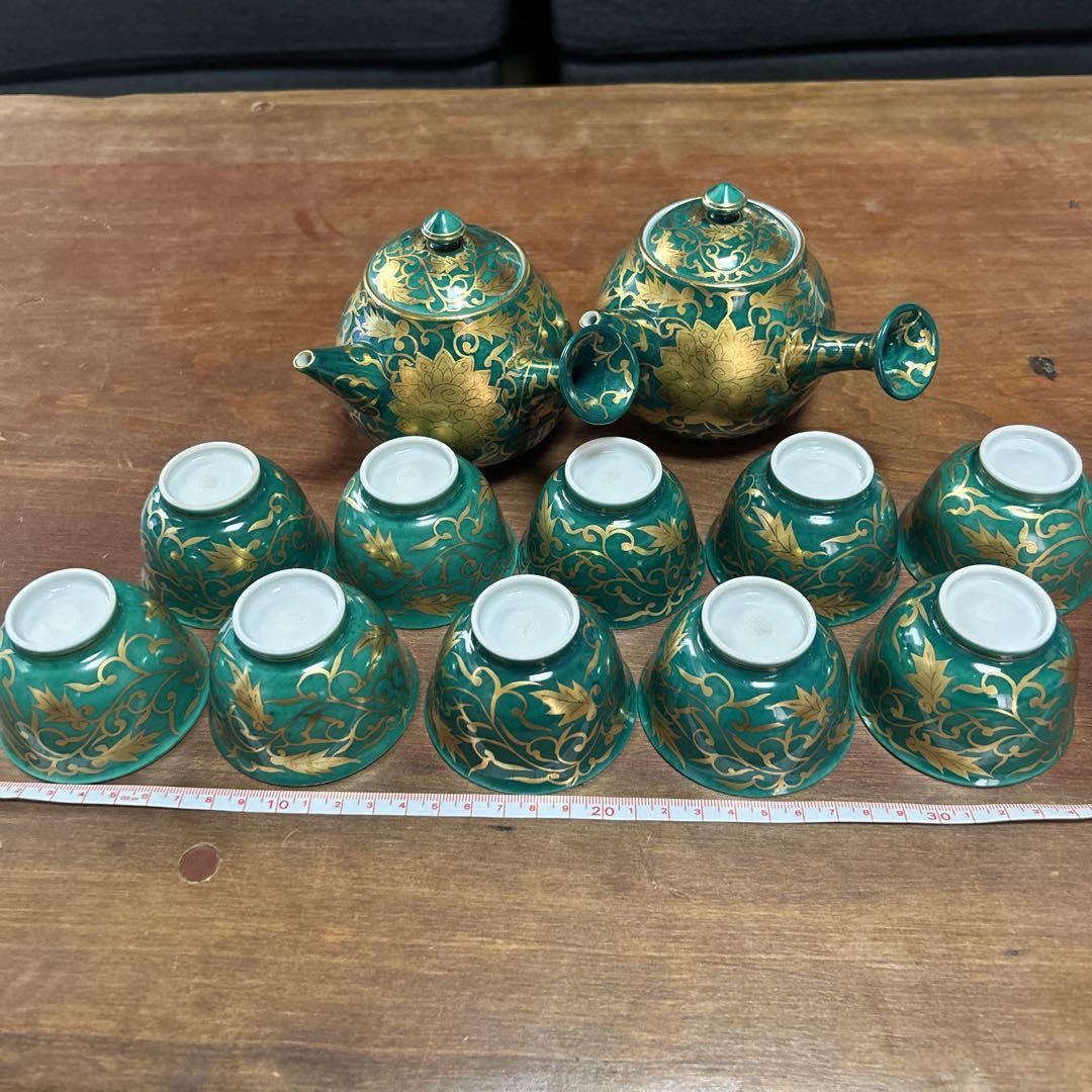 ⭐️美品⭐️平安瑞光作　急須2個　湯呑み10個　緑地金彩唐草
