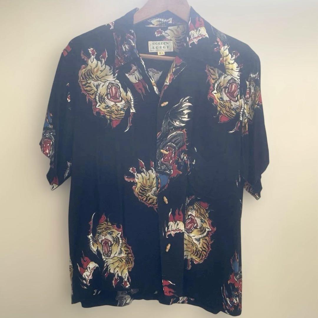 GOLDENLOBBY 虎柄アロハシャツ 半袖 ブルーベルベッツ　レーヨントップス