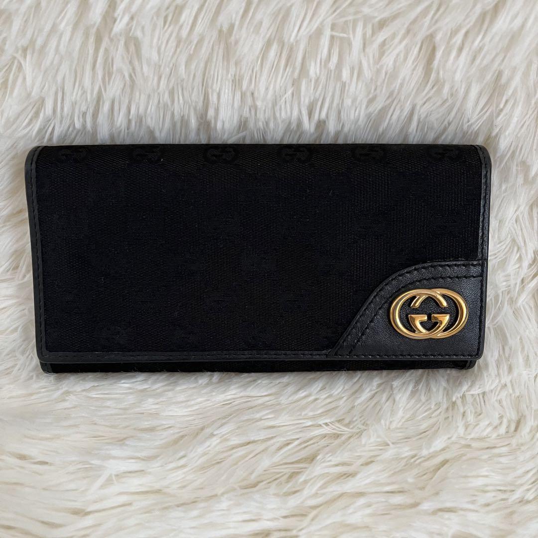 GUCCI ブラック GGキャンバス 長財布 インターロッキング - メルカリ