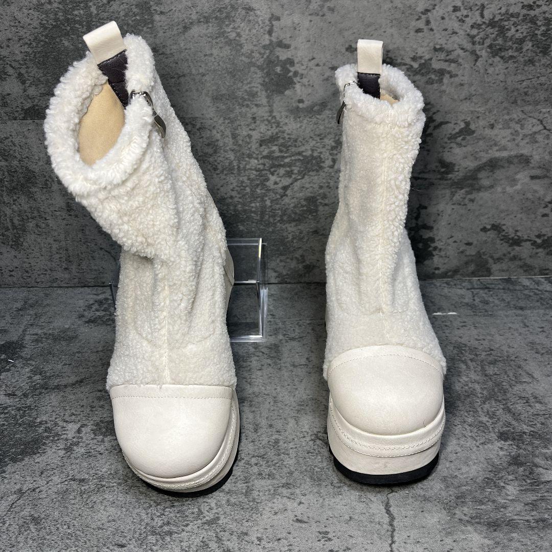 良品【ヨースケ】（M）厚底ブーツ ホワイト ボア 厚底 コンビ素材 サイドジップ