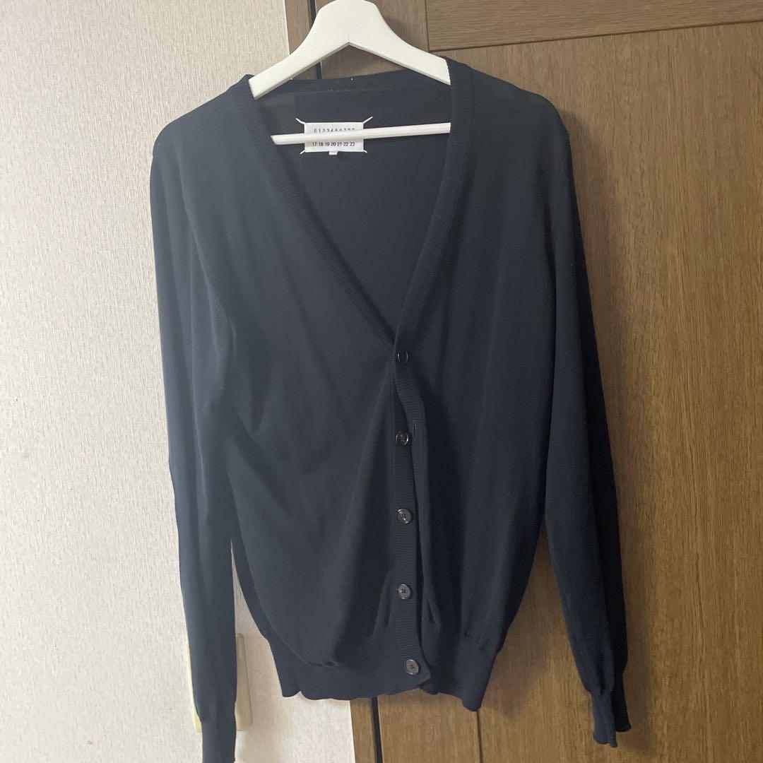 黒 Vネック カーディガン 肘レザー