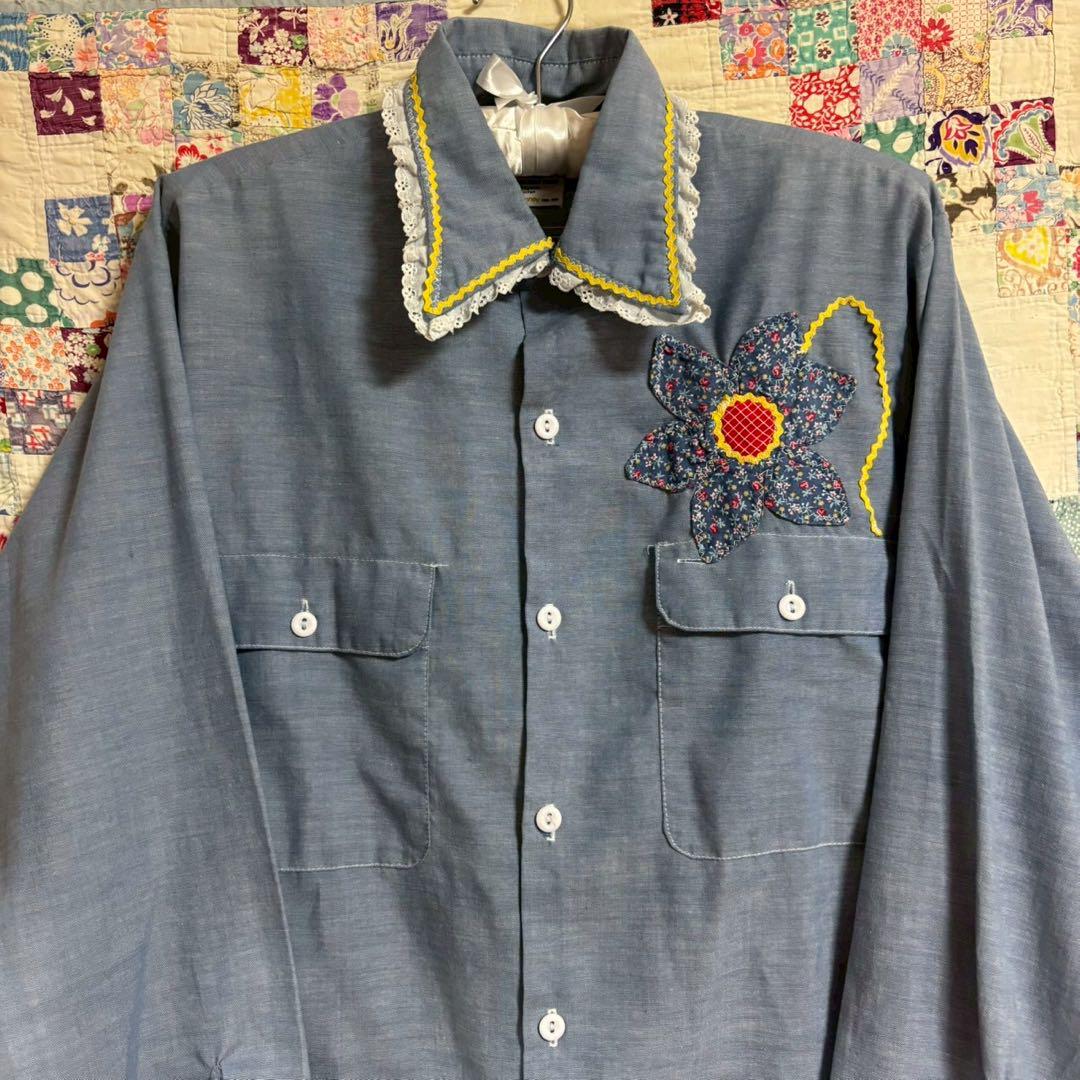 ブランド品 通販サイト BIG vintage 70s MAC パッチワーク シャンブレーシャツ 刺繍 トップス