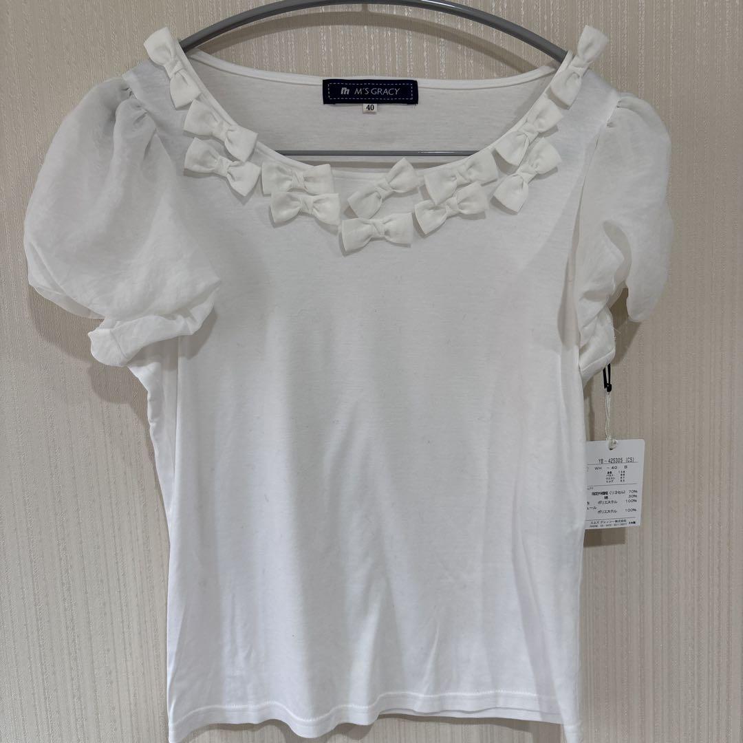 送料無料 通販 ファッション M'S メルカリ - リボン付きホワイトTシャツ GRACY カットソー(半袖/袖なし)