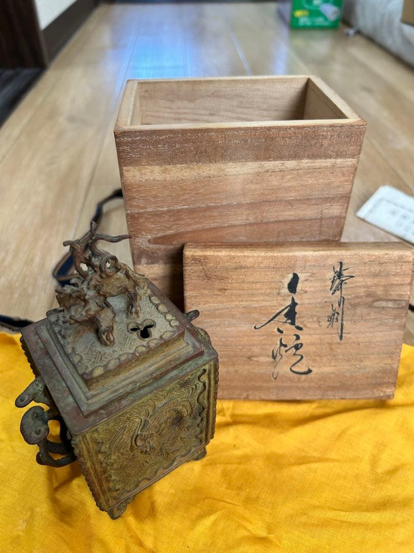 二上常太郎作 青銅製香炉 龍彫刻付き 木やや傷や汚れあり