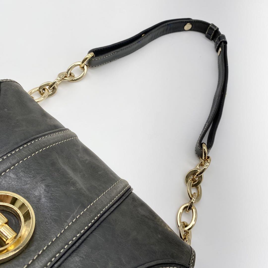 【良品】ミラー ハンドバッグ レザー ターンロック ゴールド金具 ブラック
