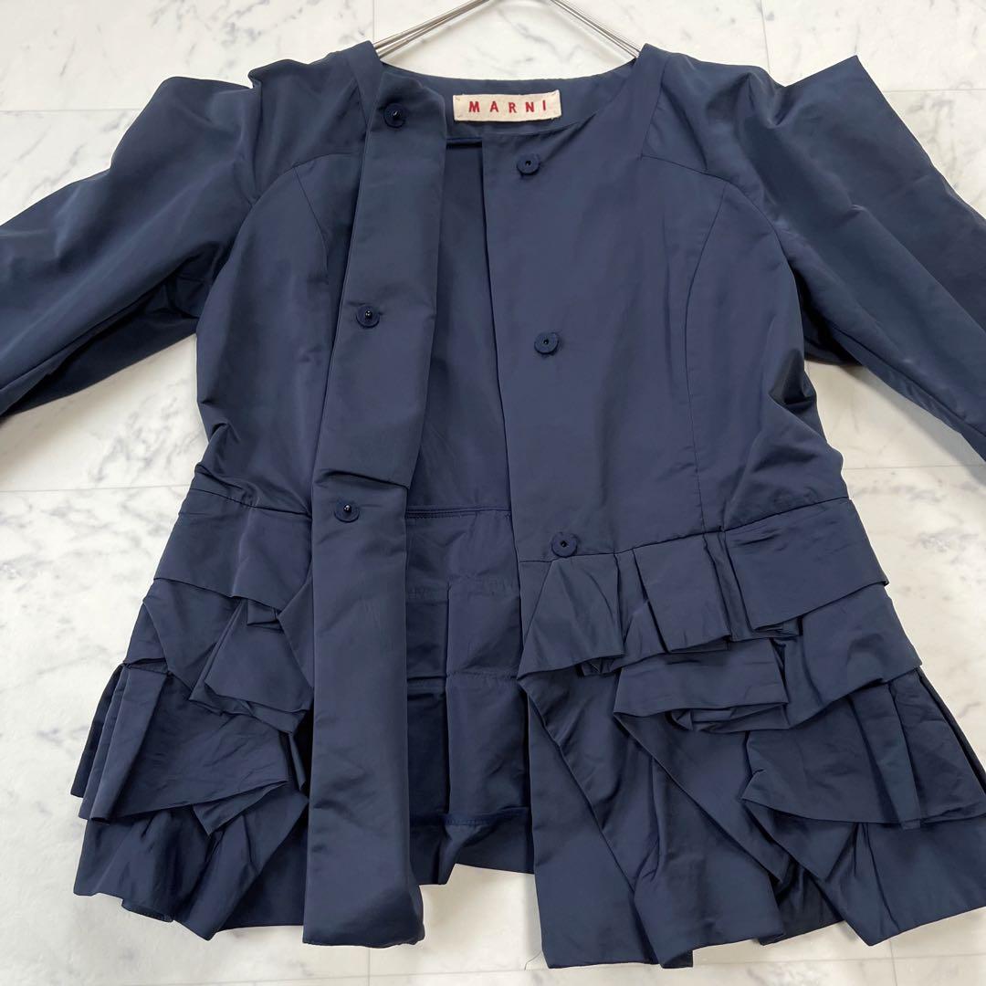 美品✨MARNI 変形フリルジャケット ネイビー 42 ノーカラー ペプラム