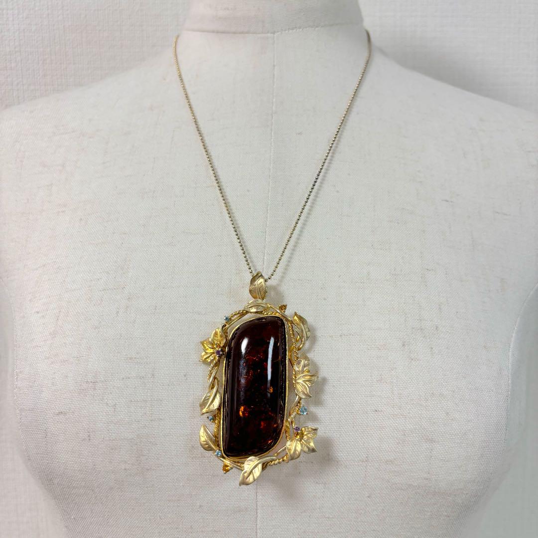 美品②琥珀×天然石 ゴールドネックレス◇彫金◇アンバー◇ブラウン◇SV925 美品②琥珀×天然石 ゴールドネックレス◇彫金◇アンバー