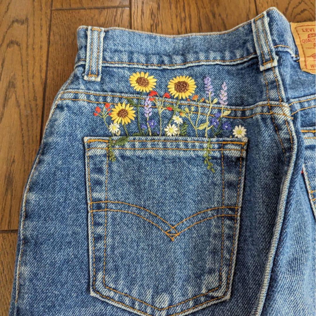 USA製 リーバイス 610 花柄 刺繍 ハイウエスト デニムパンツ