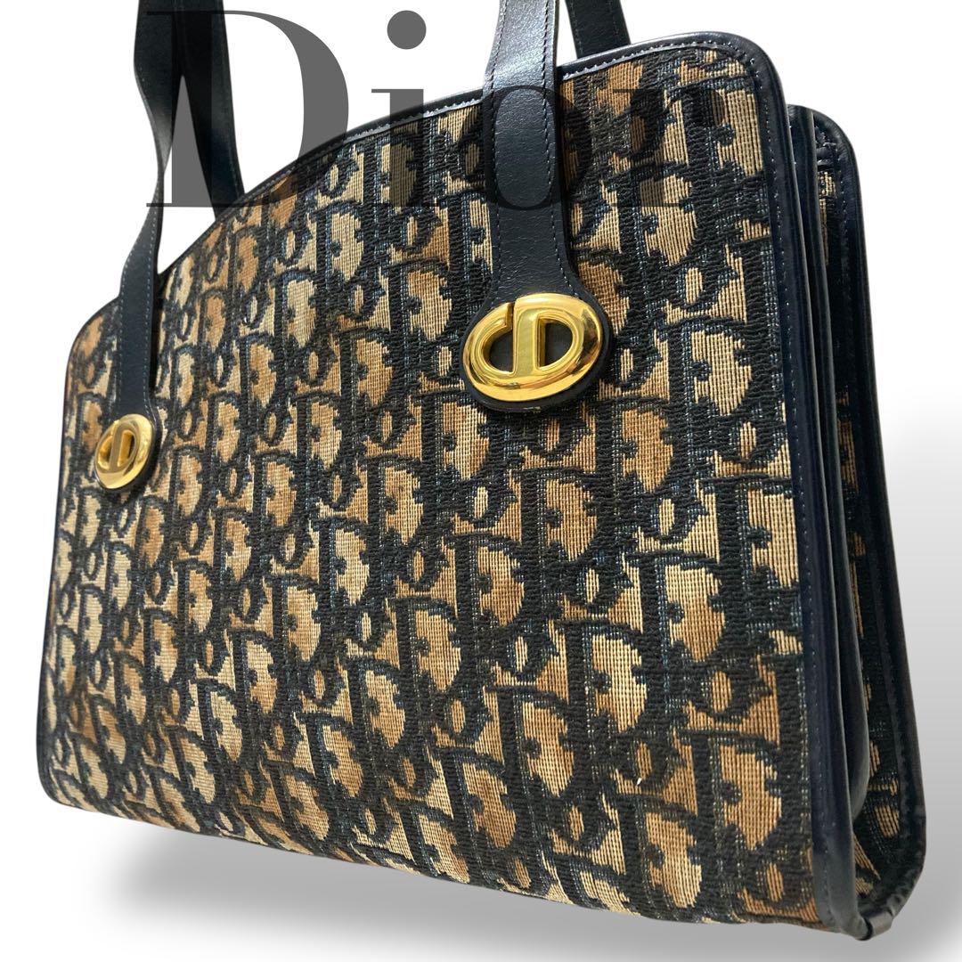 ヴィンテージ Christian Dior ハンドバッグ　トロッター DIOR トロッターパターンボストンバッグ ネイビー｜VINTAGE QOO