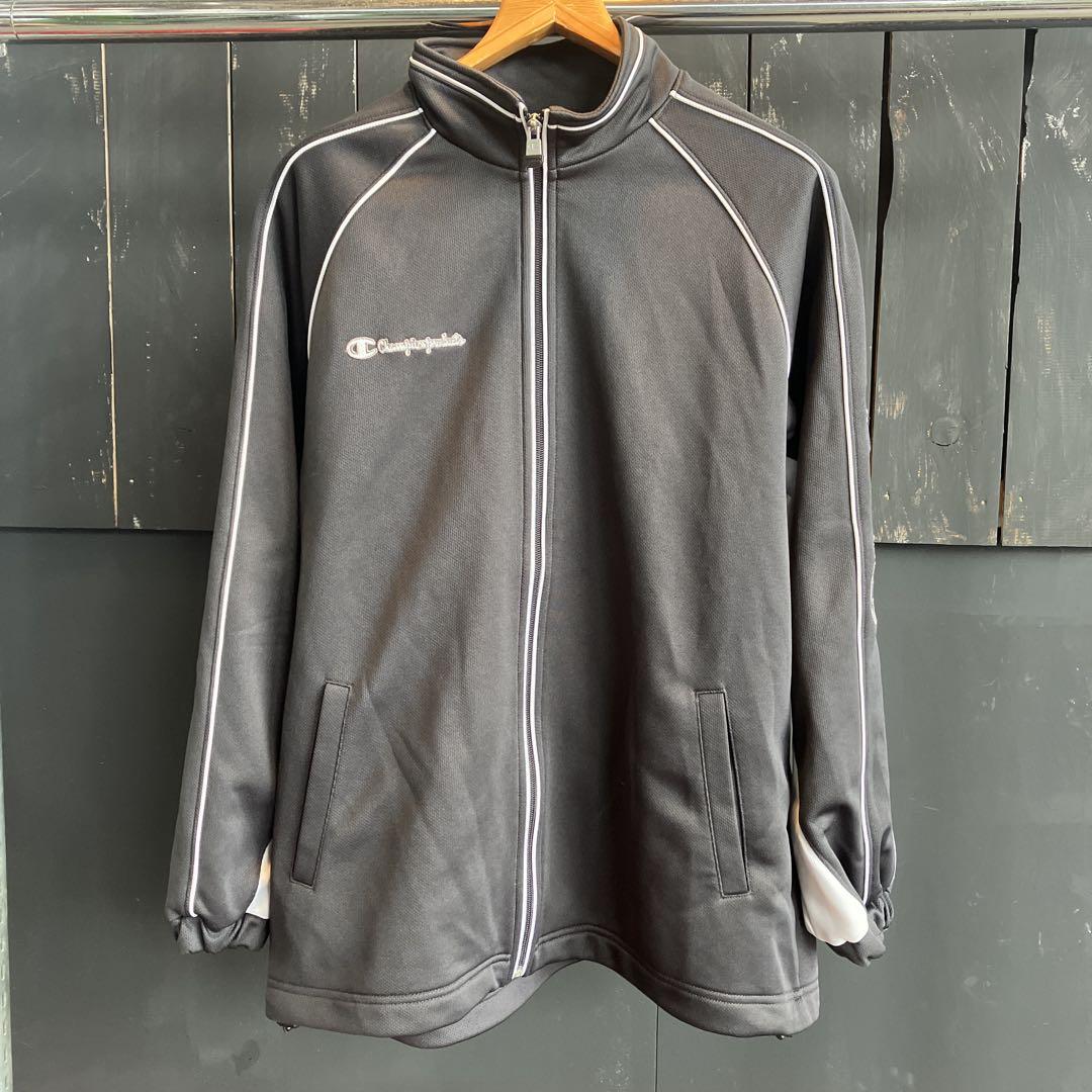 Champion ブラックジャージジャケット Lサイズ 薄手 ジャージ 合皮オーバートラックジャケット レディース メンズ