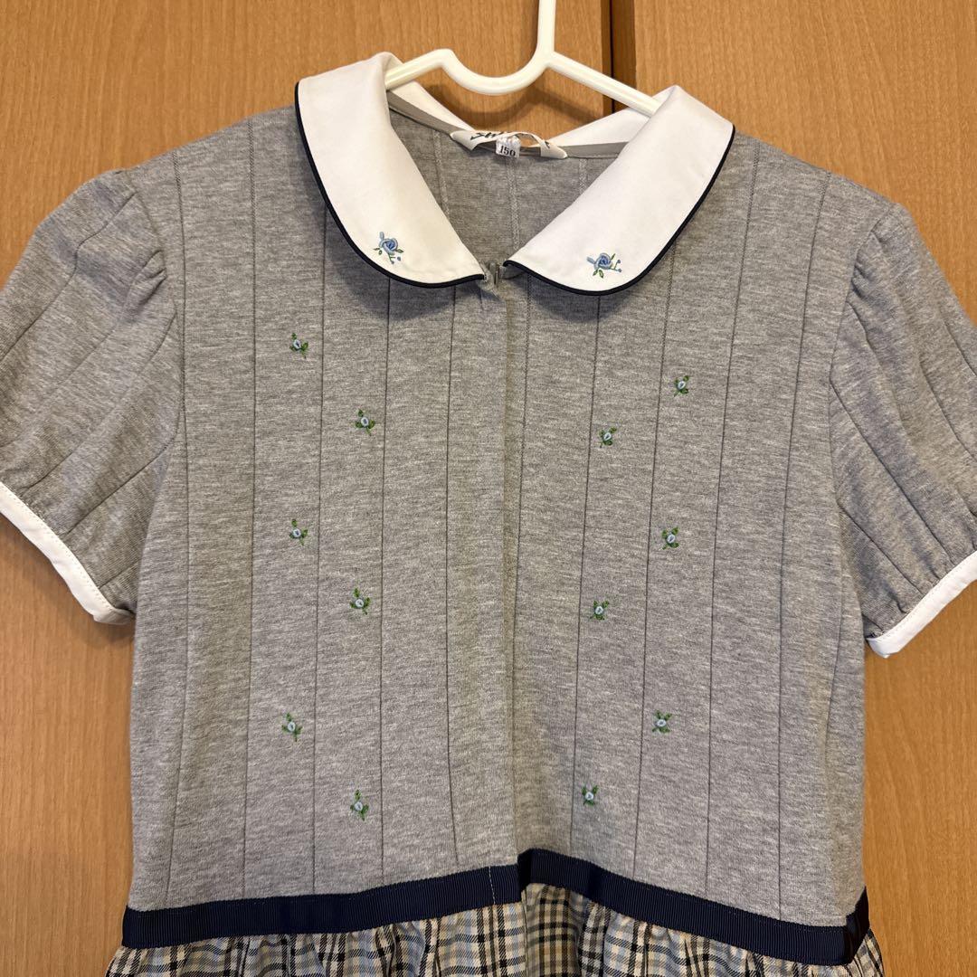 七里 shichiri 150 グレー チェック柄 半袖ワンピース ワンピース