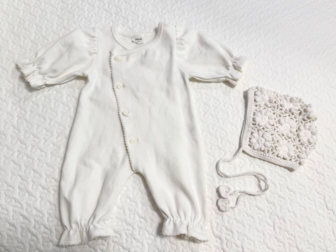 MONBÉBÉ モンベベ 新生児 フリル付きグローリーロンパース&ボンネット