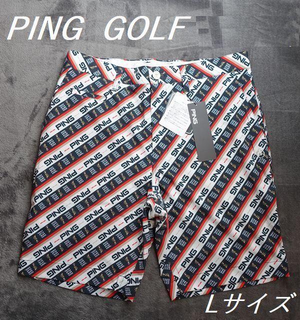F3新品 L ピン ゴルフ 総柄ロゴ ストレッチ ハーフパンツ レッド