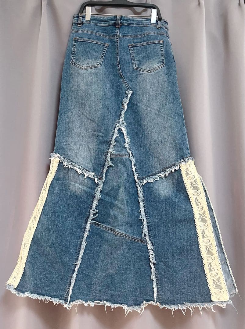 vintage マキシ丈リメイクフリルデニムロングスカート フレア 個性的レース vintage マキシ丈リメイクフリルデニムロングスカート フレア 個性的レース