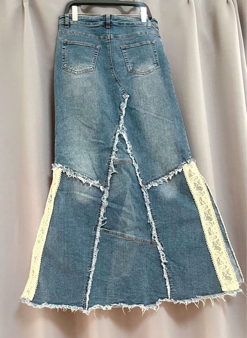 vintage マキシ丈リメイクフリルデニムロングスカート フレア 個性的レース vintage マキシ丈リメイクフリルデニムロングスカート フレア 個性的レース