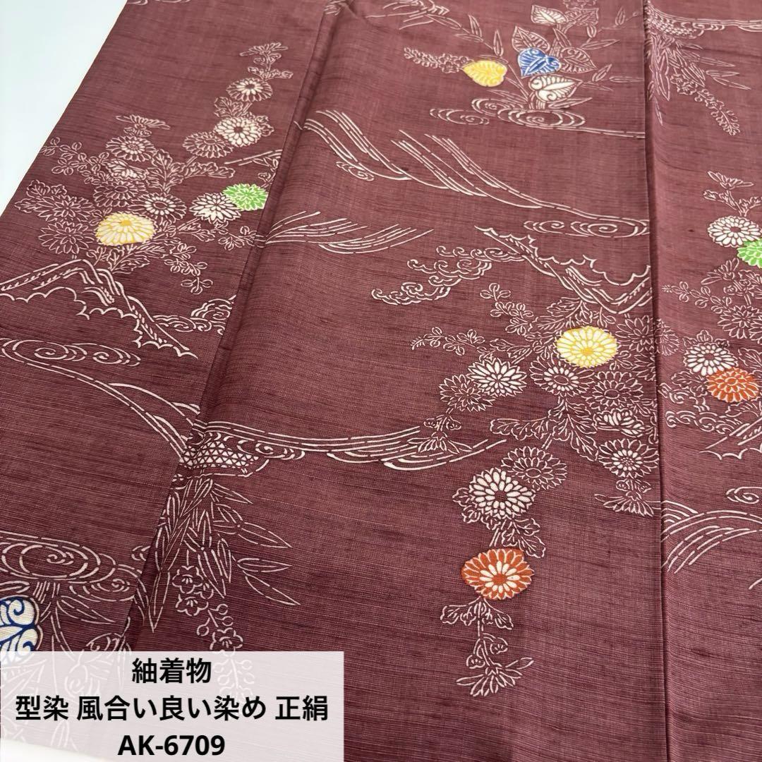 紬着物 型染 風合い良い染め 正絹 AK-6709