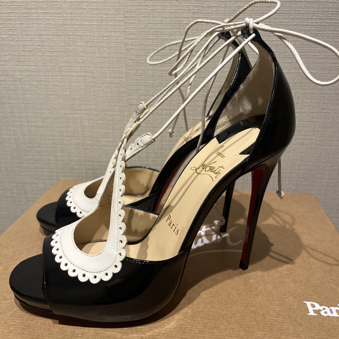 【美品】レースアップオープントゥハイヒール　クリスチャンルブタン