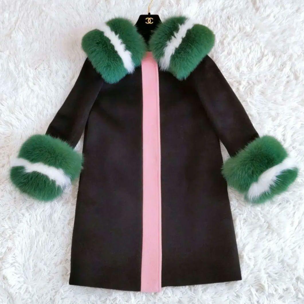 ボリューム ファーポイントコート 黒 緑 ピンク リアルファー フォックス S
