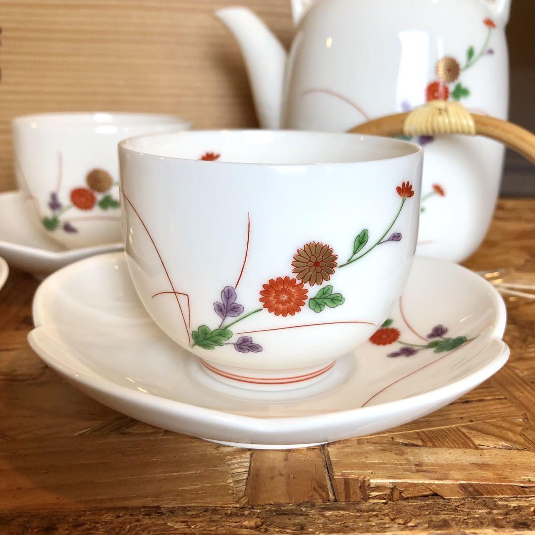 香蘭社　菊小紋　茶器揃　急須　湯呑み　茶托5客