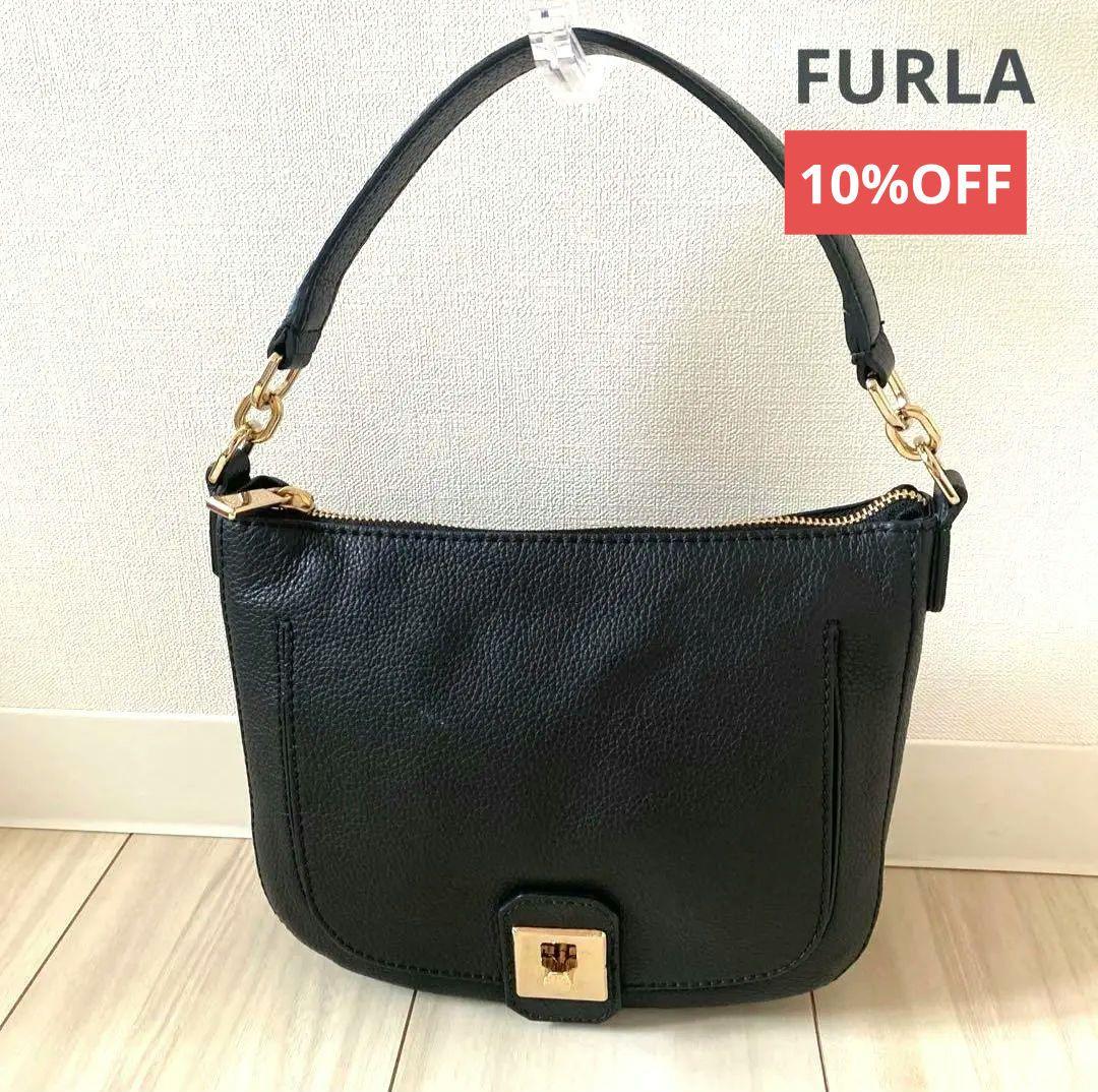 FURLA 黒　ハンドバッグ　ショルダーベルト付き
