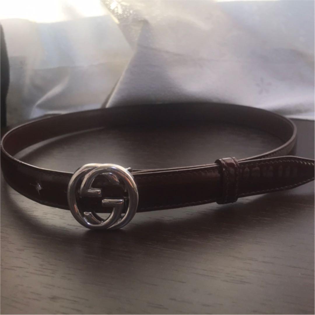 GUCCI グッチ ベルト インターロッキング ブラウン エナメルレザー