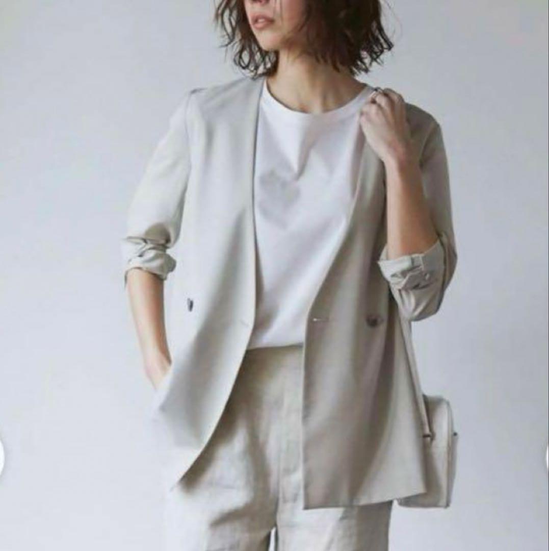 美品 ガリャルダガランテ ノーカラーVジャケット ストレッチ アイボリー F