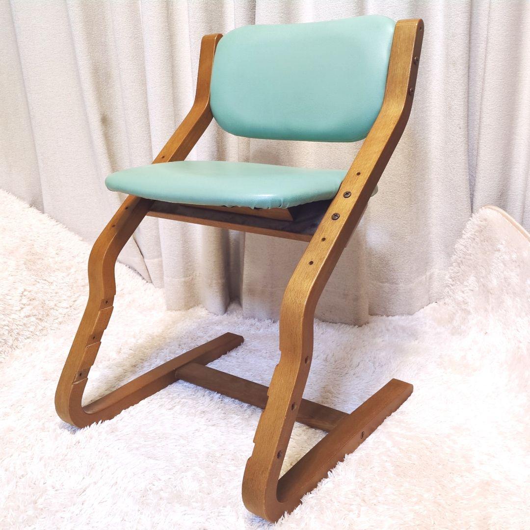 美品 浜本工芸 学習椅子 イス チェア 高さ調整可 木製 合成皮革 グリーン