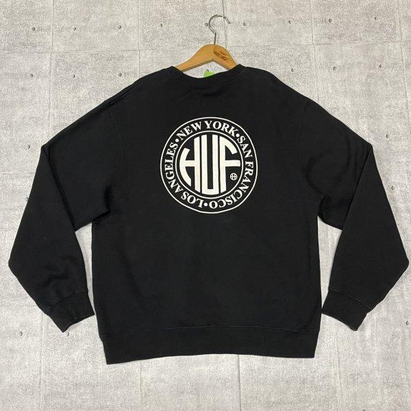 HUF ブラック×ホワイト スウェット トレーナー 両面プリント ハフ