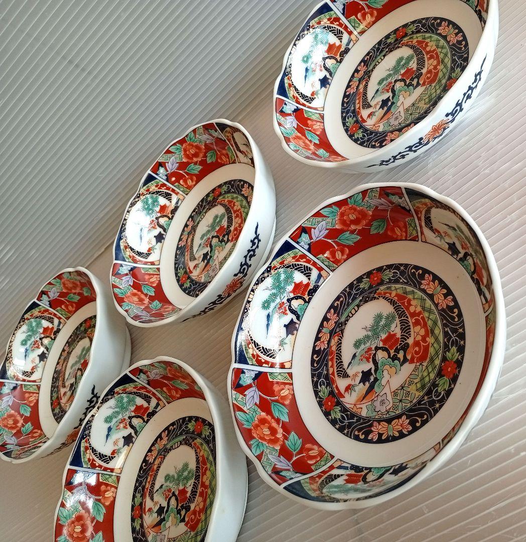 有田焼 昇龍窯 古伊万里 中鉢揃 5枚セット 赤絵 浅鉢 中皿 金彩色絵 煮物鉢目立った傷や汚れなし