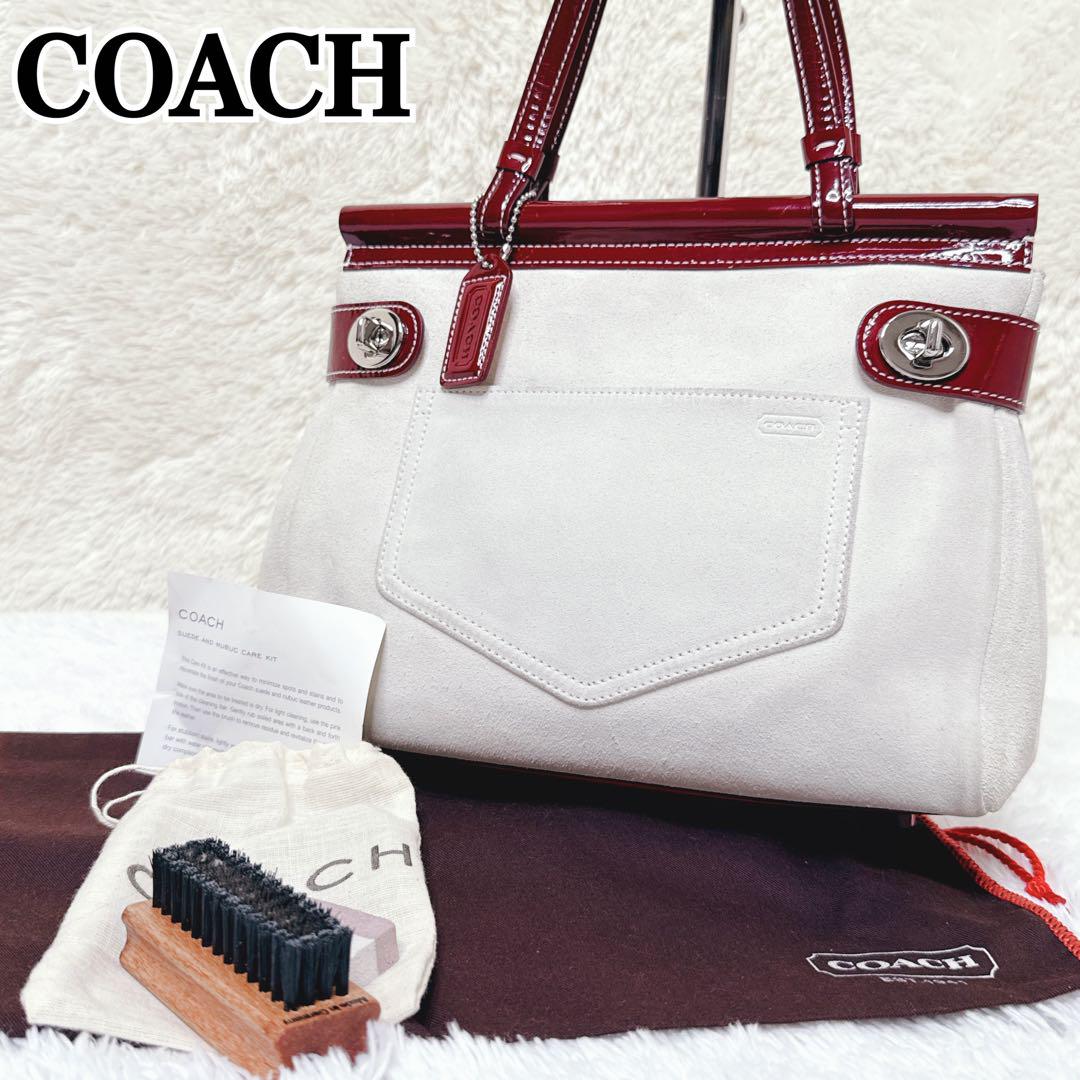 バッグ COACH Suede Patent Leather Turnlock Tote