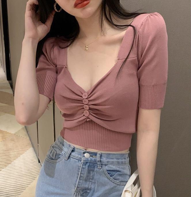 セクシー Vネック ボタン デザイン ショート丈 半袖 トップス