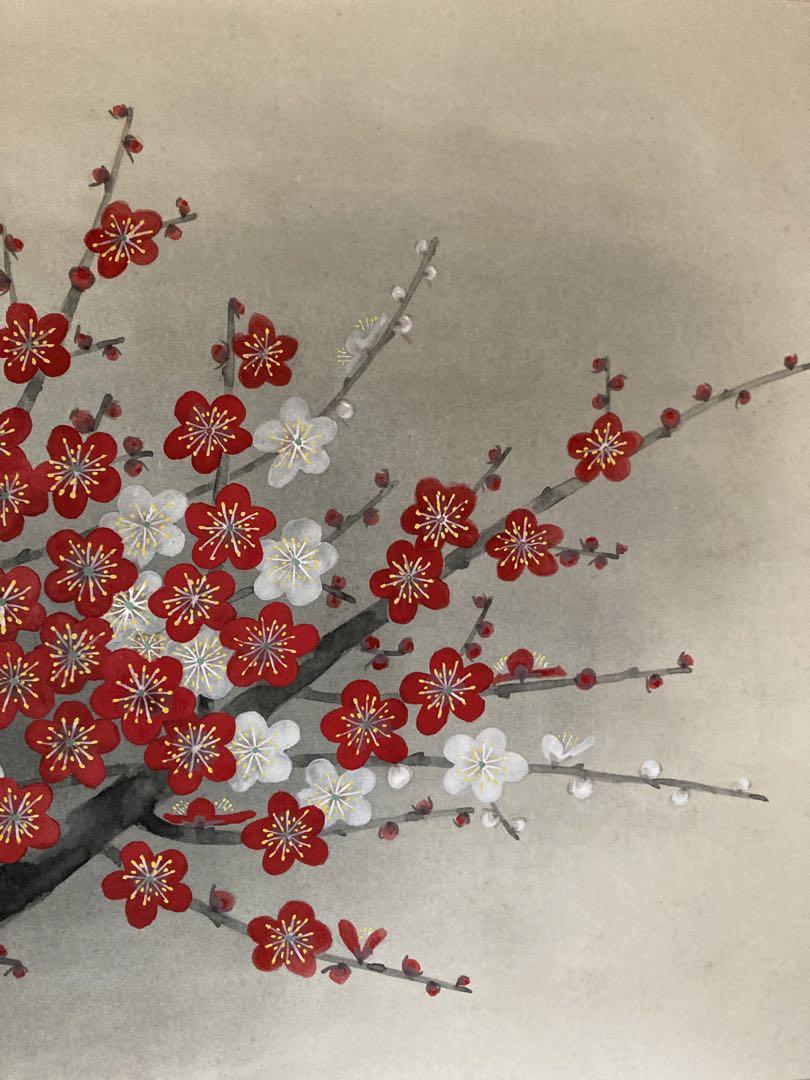 800円OFF!  掛け軸 「紅白梅」 鈴木滝央 作 三越美術 ☆ USED