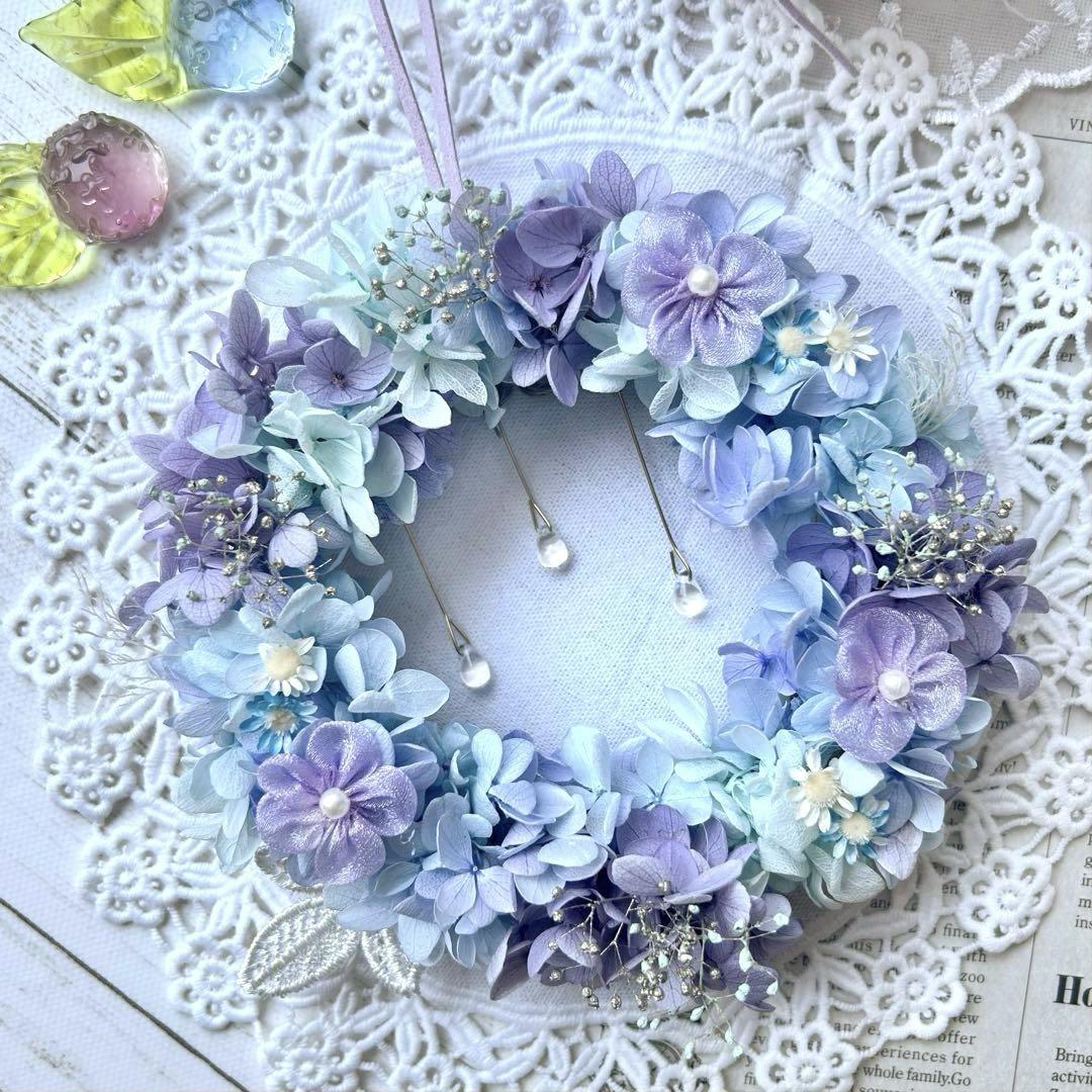 2点セット ゆらゆら雨粒の紫陽花リース＆紫陽花ミニバスケット 玄関リース 梅雨