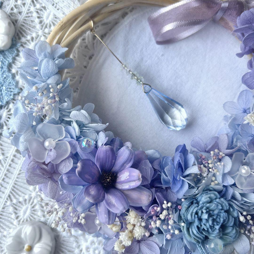 2点セット ゆらゆら雨粒の紫陽花リース＆紫陽花ミニバスケット 玄関リース 梅雨
