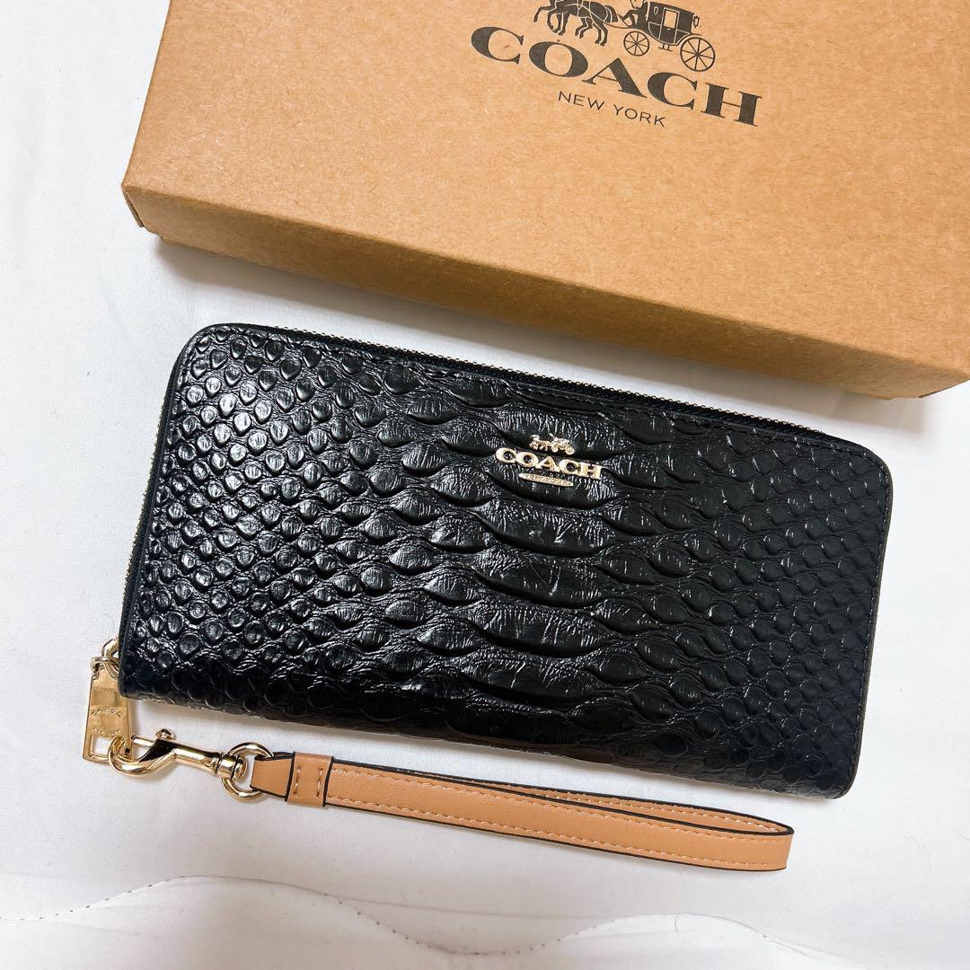 【ほぼ未使用】極美品　COACH長財布　ストラップ付き　ブラック　レザー