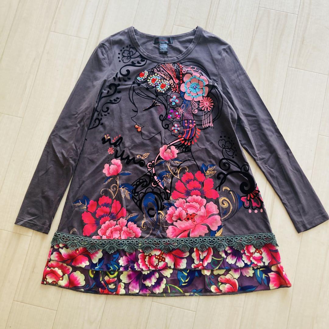 CUSTO BARCELONA プリント カットソー　ロンT チュニック　LL