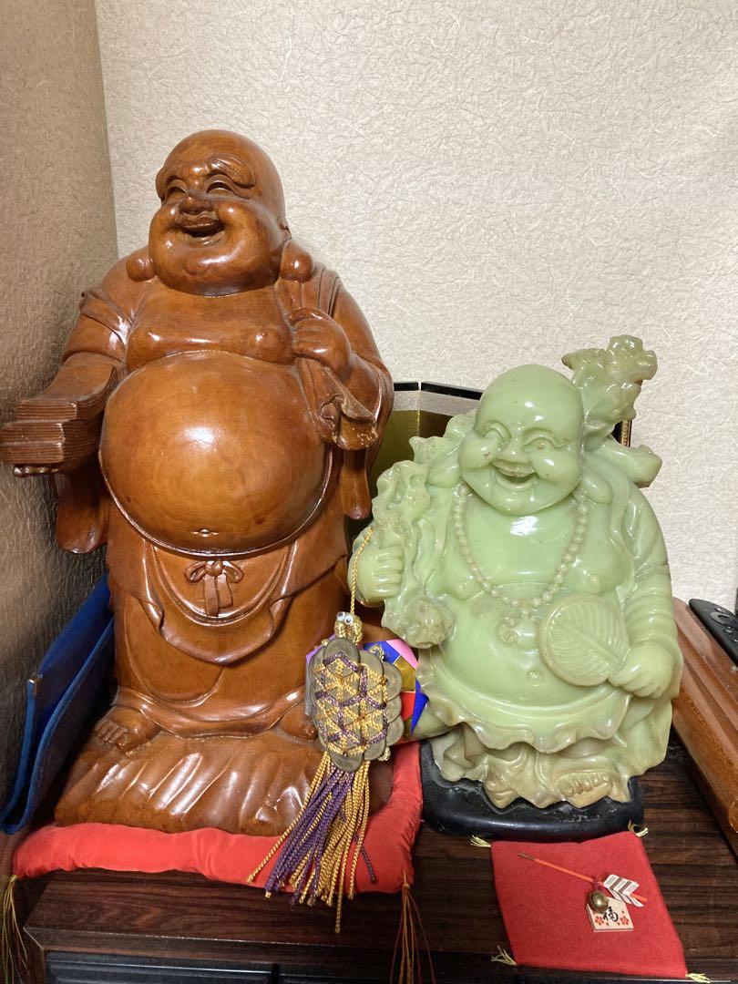 翡翠　縁起物　七福神　木彫り　布袋様2体セット