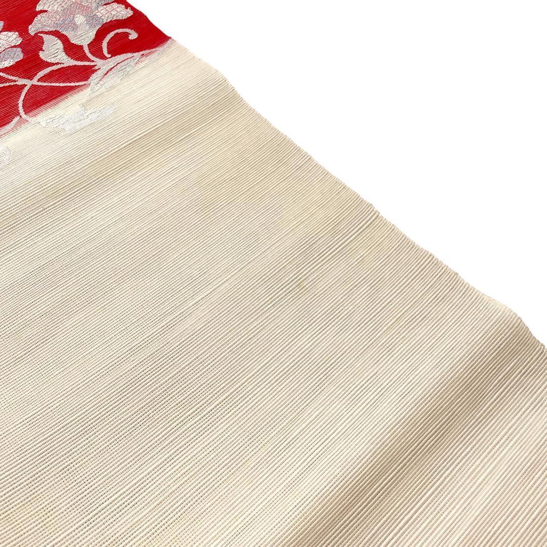 夏帯 名古屋帯 絽紬 正絹 花更紗 アイボリー 着物 AO-0702