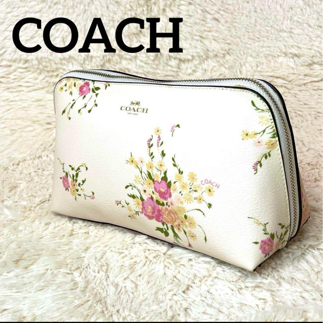 大人女性の 美品 COACH 花柄 リボン 白 ゴールド ポーチ 小物入れ コスメ バッグ