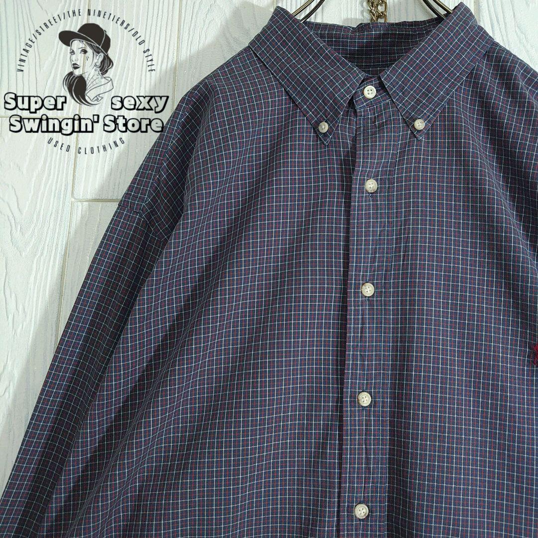 人気 ラルフローレン 長袖シャツ 2XL ネイビー チェック ボタンダウン 古着
