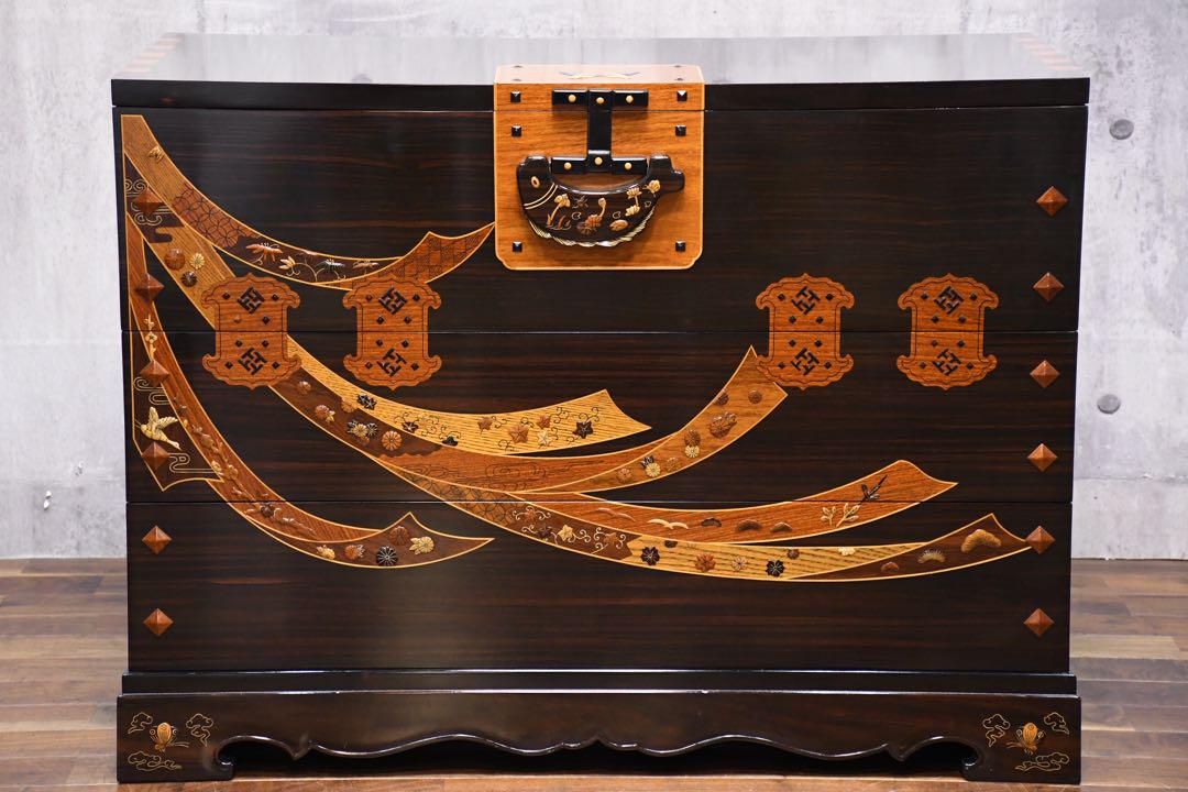 DLK29 展示品 寄木細工 木象嵌 3段チェスト 花梨 黒檀 紫檀 整理タンス