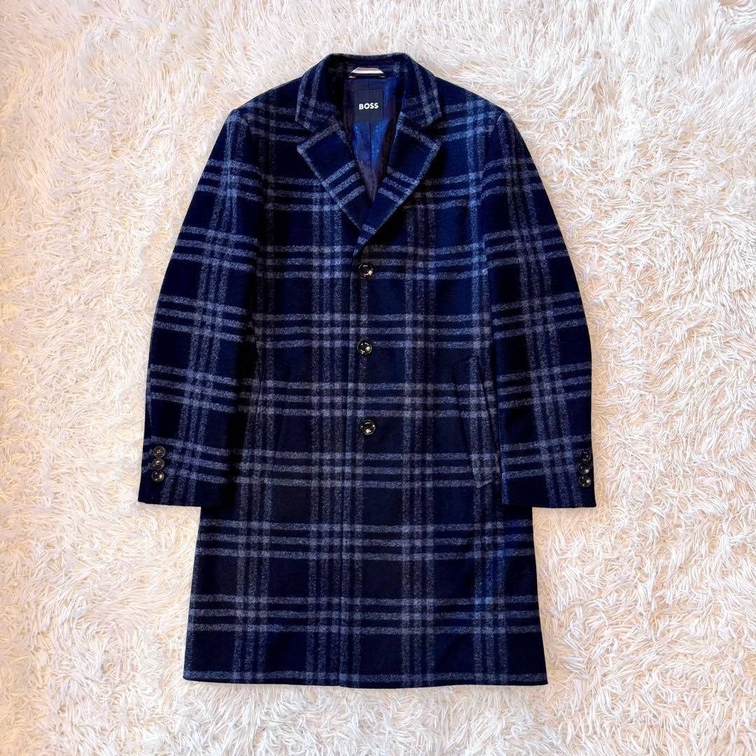 【現行タグ 極美品 未使用級】BOSS チェック チェスターコート 48 L 紺 【現行タグ 極美品 未使用級】BOSS チェック チェスターコート 48 L 紺