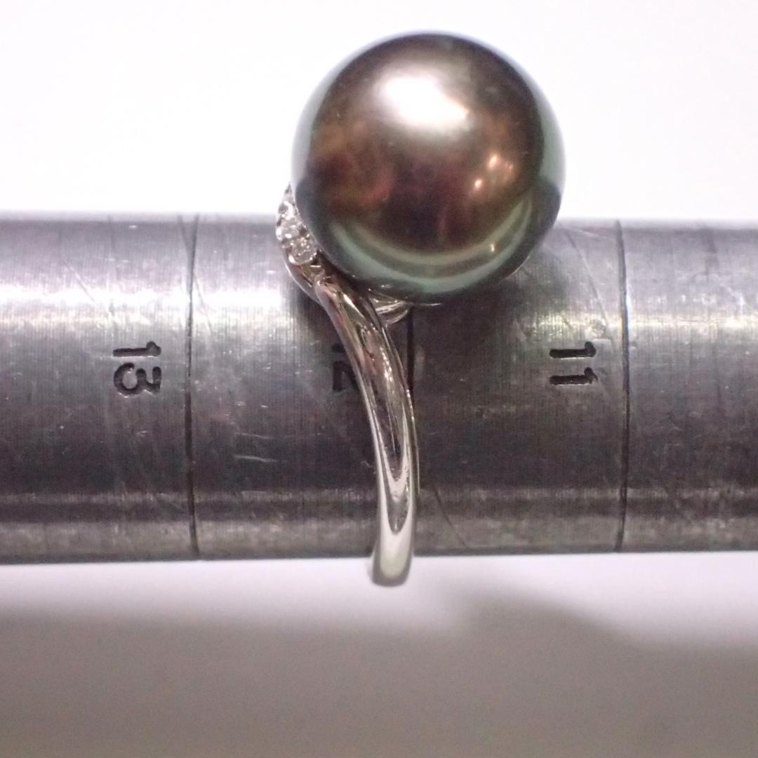 Pt900◆12号◆12㎜超美品!黒真珠と波のダイヤモンドプラチナリング◆洗浄済