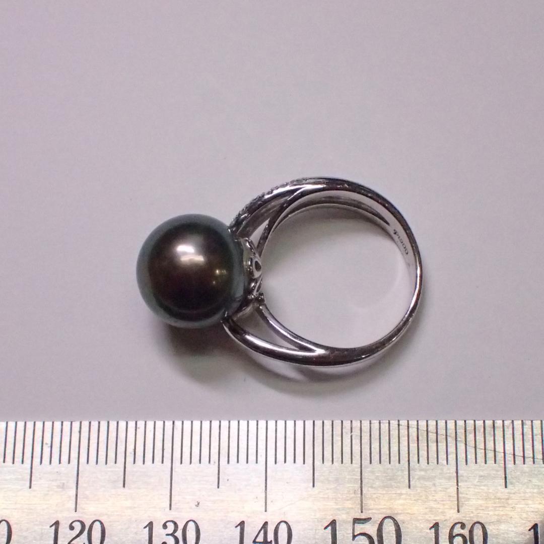 Pt900◆12号◆12㎜超美品!黒真珠と波のダイヤモンドプラチナリング◆洗浄済