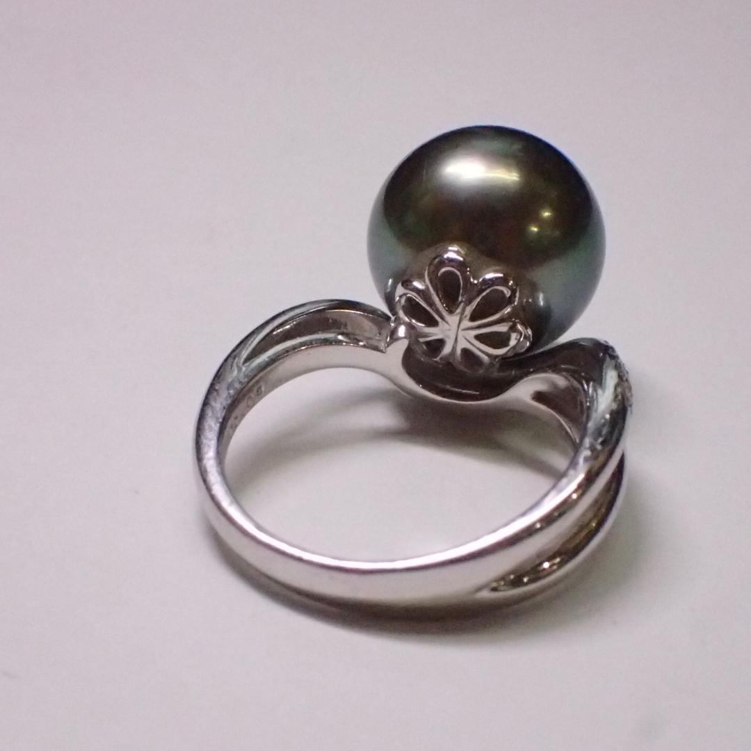 Pt900◆12号◆12㎜超美品!黒真珠と波のダイヤモンドプラチナリング◆洗浄済